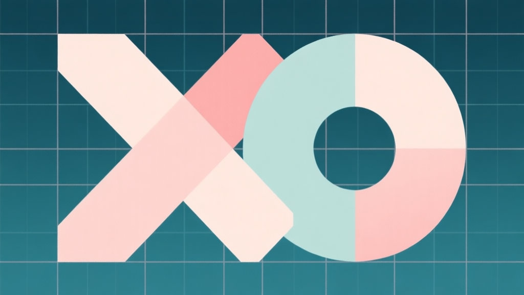 Abstract geometric composition with overlapping X and O shapes on a grid, soft pastel colors, modern minimal style, professional game strategy concept illustration high quality illustration, detailed, 16:9