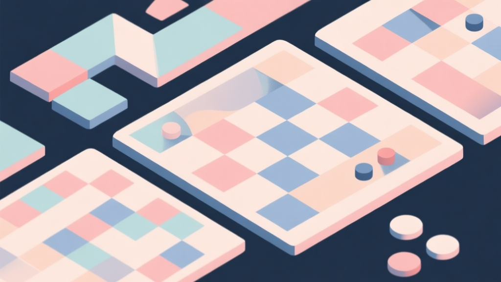 Abstract geometric composition with overlapping shapes representing game boards, soft pastel colors, modern minimal style, professional concept illustration of game variations high quality illustration, detailed, 16:9