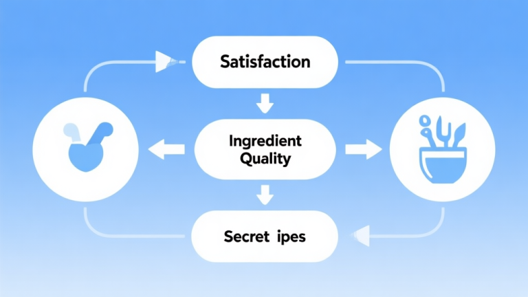 自动生成图片: Simple flowchart illustration with connected circles and arrows representing game mechanics like customer satisfaction, ingredient quality, and secret recipes, light blue and white color scheme, clean minimal design, business presentation style high quality illustration, detailed, 16:9