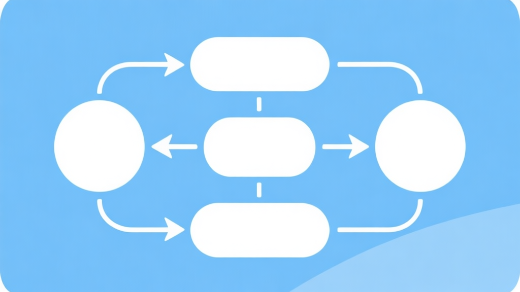 Simple flowchart illustration with connected circles and arrows, light blue and white color scheme, clean minimal design, business presentation style high quality illustration, detailed, 16:9