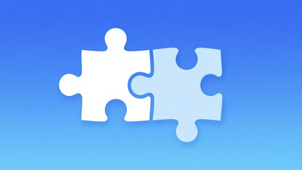 Simple puzzle pieces connecting together, gradient blue background, clean flat design, business solution concept, minimalist style high quality illustration, detailed, 16:9