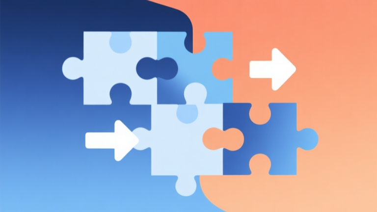 自动生成图片: Abstract geometric composition with overlapping puzzle pieces and directional arrows, soft blue and orange gradient background, clean minimal style, representing game choice and comparison high quality illustration, detailed, 16:9