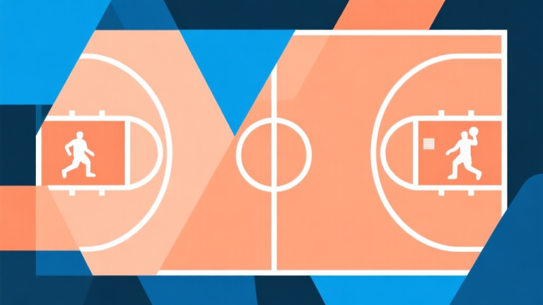自动生成图片: Abstract geometric composition with overlapping shapes representing a basketball court and player icons, soft orange and blue color scheme, modern minimal style, professional gaming guide concept illustration high quality illustration, detailed, 16:9