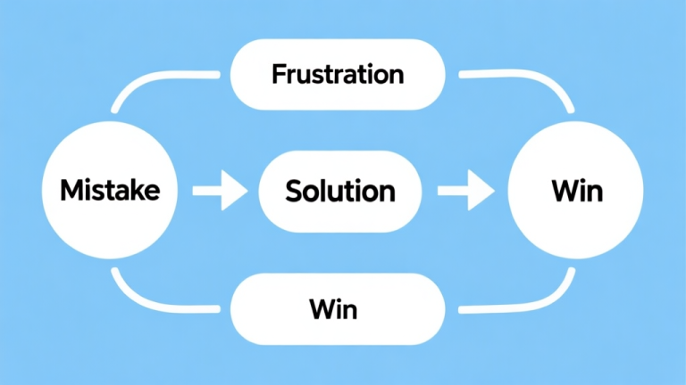 自动生成图片: Simple flowchart illustration with connected circles and arrows labeled "Mistake" pointing to "Frustration", then arrows from "Solution" pointing to "Win", light blue and white color scheme, clean minimal design high quality illustration, detailed, 16:9