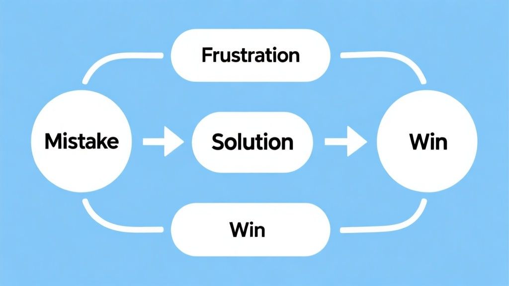 Simple flowchart illustration with connected circles and arrows labeled "Mistake" pointing to "Frustration", then arrows from "Solution" pointing to "Win", light blue and white color scheme, clean minimal design high quality illustration, detailed, 16:9