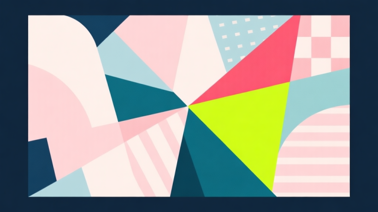 自动生成图片: Abstract geometric composition with overlapping shapes representing clashing colors and patterns, soft pastel colors with one jarring bright element, modern minimal style, professional design concept illustration high quality illustration, detailed, 16:9