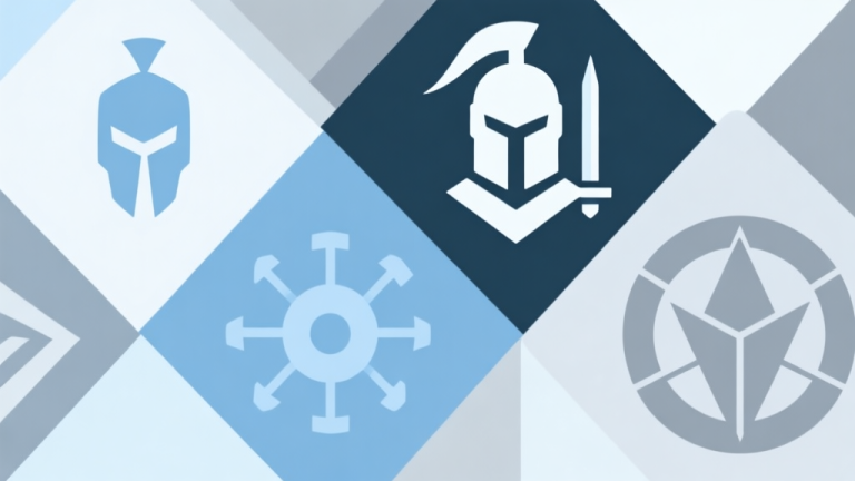 自动生成图片: Abstract geometric composition with overlapping warrior icons and strategy symbols, soft blue and grey color scheme, modern minimal style, professional gaming guide concept illustration high quality illustration, detailed, 16:9