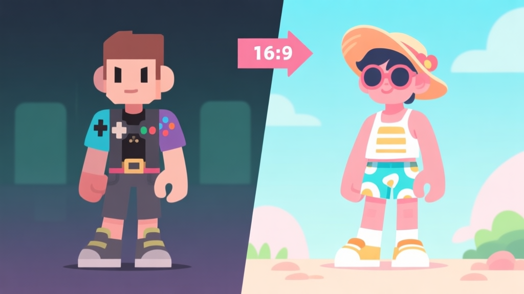 Side-by-side comparison of a generic video game character and a stylish summer-themed character, showing a visual transformation, clean illustration, pastel color palette, minimalist game art style high quality illustration, detailed, 16:9