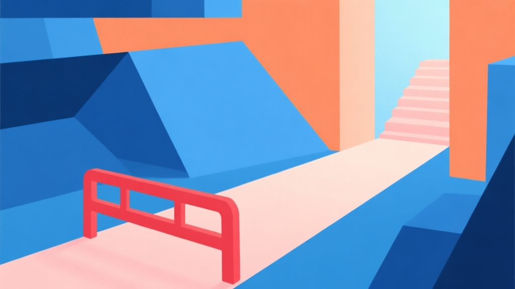 Abstract geometric composition with overlapping shapes in blue and orange, one path blocked by a red barrier, another clear path leading upward, soft pastel colors, modern minimal style, gaming progress concept illustration high quality illustration, detailed, 16:9