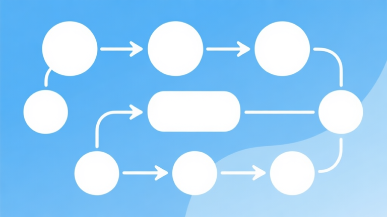 自动生成图片: Simple flowchart illustration with connected circles and arrows, light blue and white color scheme, clean minimal design, business presentation style high quality illustration, detailed, 16:9