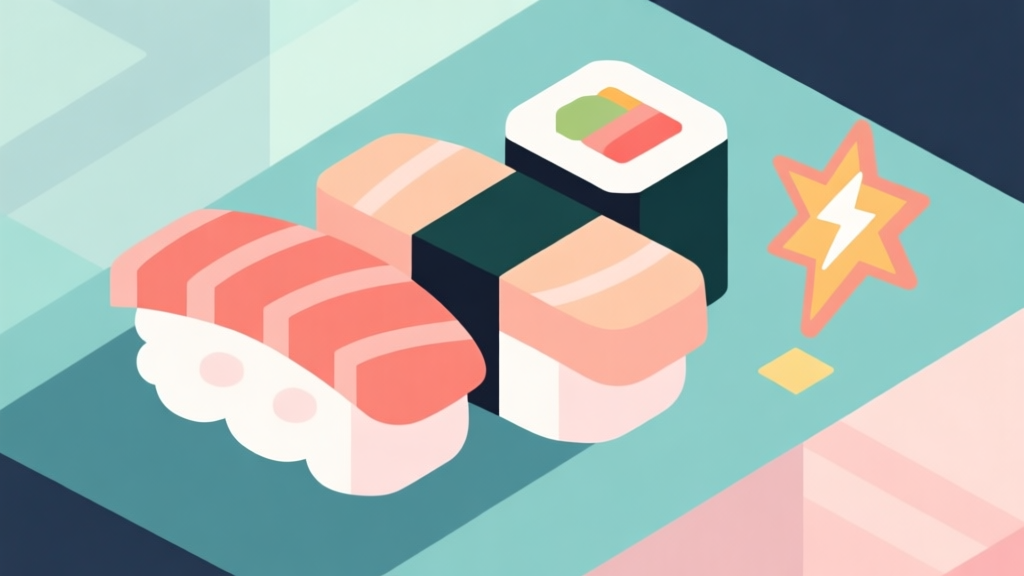 Abstract geometric composition with overlapping sushi pieces and power-up icons, soft pastel colors, modern minimal style, professional game analysis concept illustration high quality illustration, detailed, 16:9