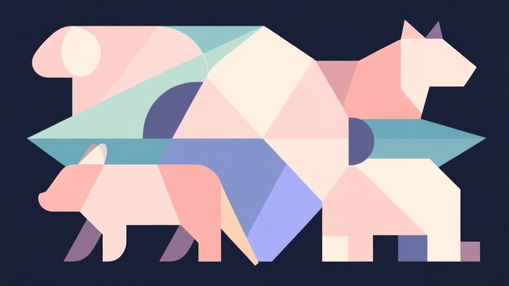Abstract geometric composition with overlapping shapes representing animal types, soft pastel colors, modern minimal style, professional game strategy concept illustration high quality illustration, detailed, 16:9