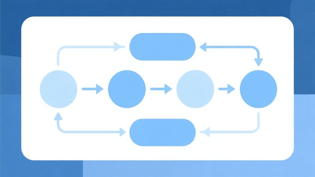 Simple flowchart illustration with connected circles and arrows, light blue and white color scheme, clean minimal design, business presentation style high quality illustration, detailed, 16:9