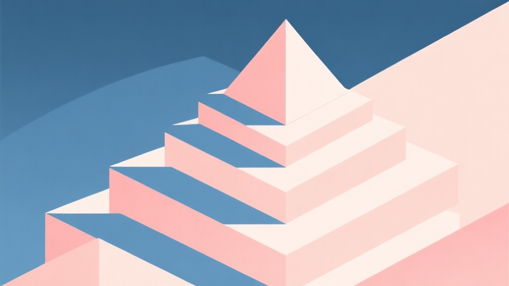 Abstract geometric composition with overlapping shapes in tiered pyramid formation, soft pastel colors, modern minimal style, professional ranking concept illustration high quality illustration, detailed, 16:9