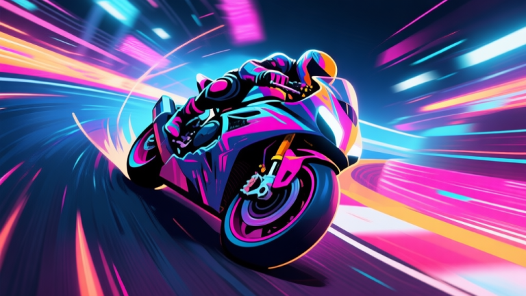自动生成图片: A dynamic, stylized illustration of a video game motorcycle leaning into a sharp turn on a neon-lit race track, speed lines blurring the background, digital art style, vibrant colors high quality illustration, detailed, 16:9