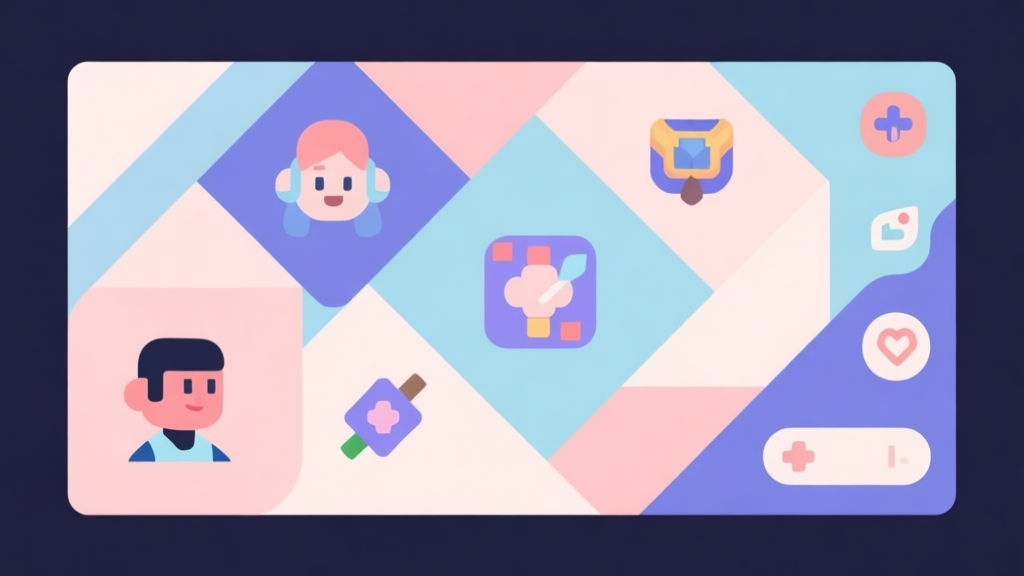 Abstract geometric composition with overlapping shapes representing game elements like characters, items, and UI icons, soft pastel colors, modern minimal style, professional gaming concept illustration high quality illustration, detailed, 16:9