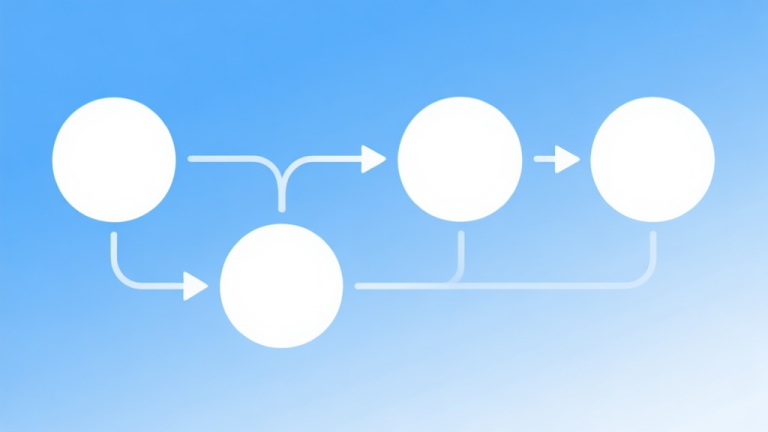 自动生成图片: Simple flowchart illustration with connected circles and arrows, light blue and white color scheme, clean minimal design, business presentation style high quality illustration, detailed, 16:9