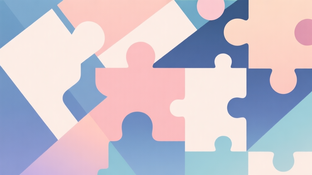Abstract geometric composition with overlapping shapes representing puzzle pieces, soft pastel colors, modern minimal style, professional game concept illustration high quality illustration, detailed, 16:9