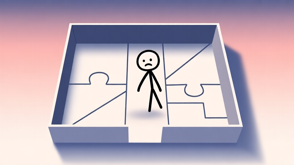 A minimalist illustration of a stick figure character hesitating between two abstract geometric paths in a puzzle box, soft gradient background, clean lines, concept of hidden game mechanics high quality illustration, detailed, 16:9