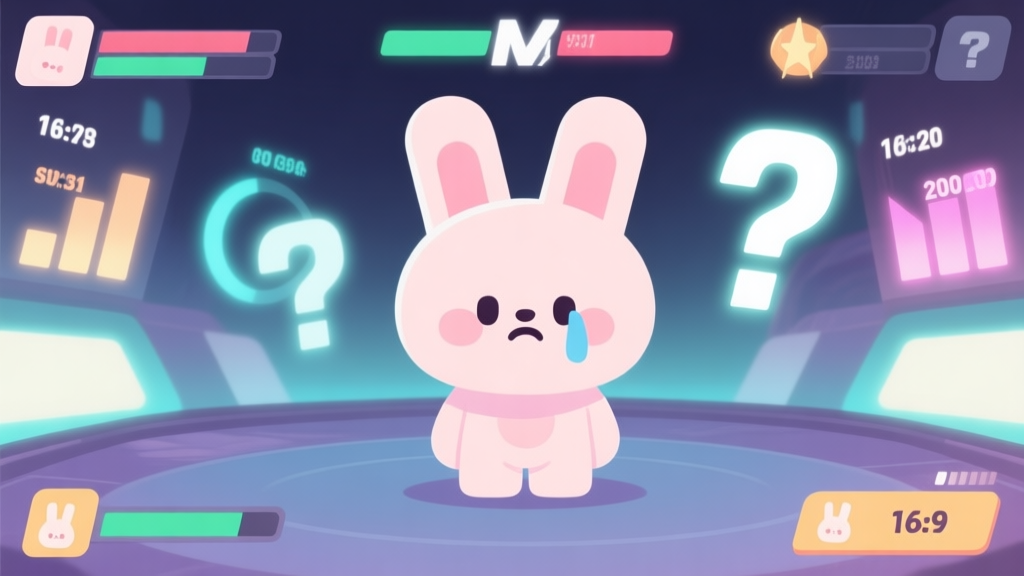 Abstract concept of a cute but sad rabbit character in a competitive video game scene, surrounded by glowing stats and question marks, soft pastel colors, clean minimal design, professional gaming illustration high quality illustration, detailed, 16:9