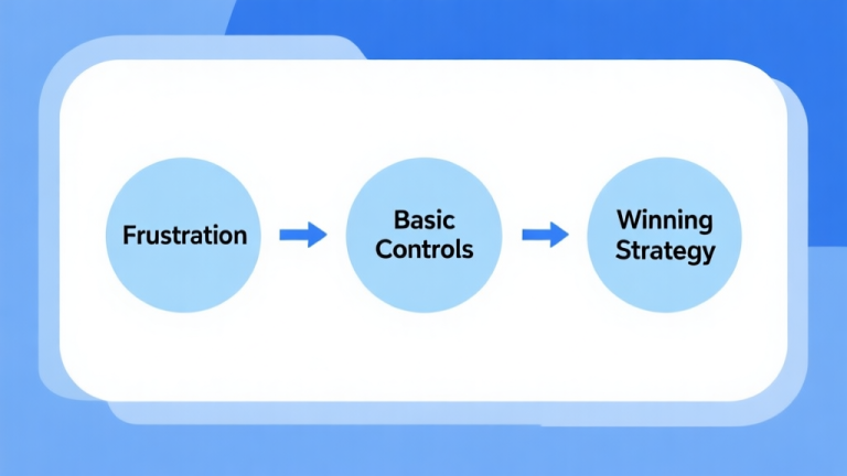 自动生成图片: Simple flowchart illustration with connected circles and arrows labeled "Frustration" to "Basic Controls" to "Winning Strategy", light blue and white color scheme, clean minimal design, business presentation style high quality illustration, detailed, 16:9