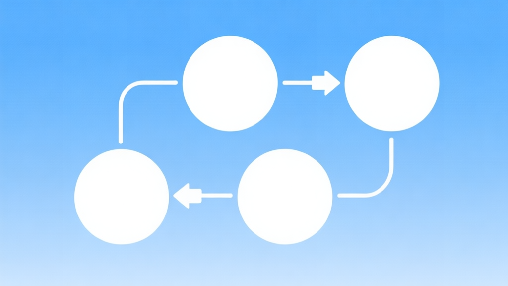Simple flowchart illustration with connected circles and arrows, light blue and white color scheme, clean minimal design, business presentation style high quality illustration, detailed, 16:9