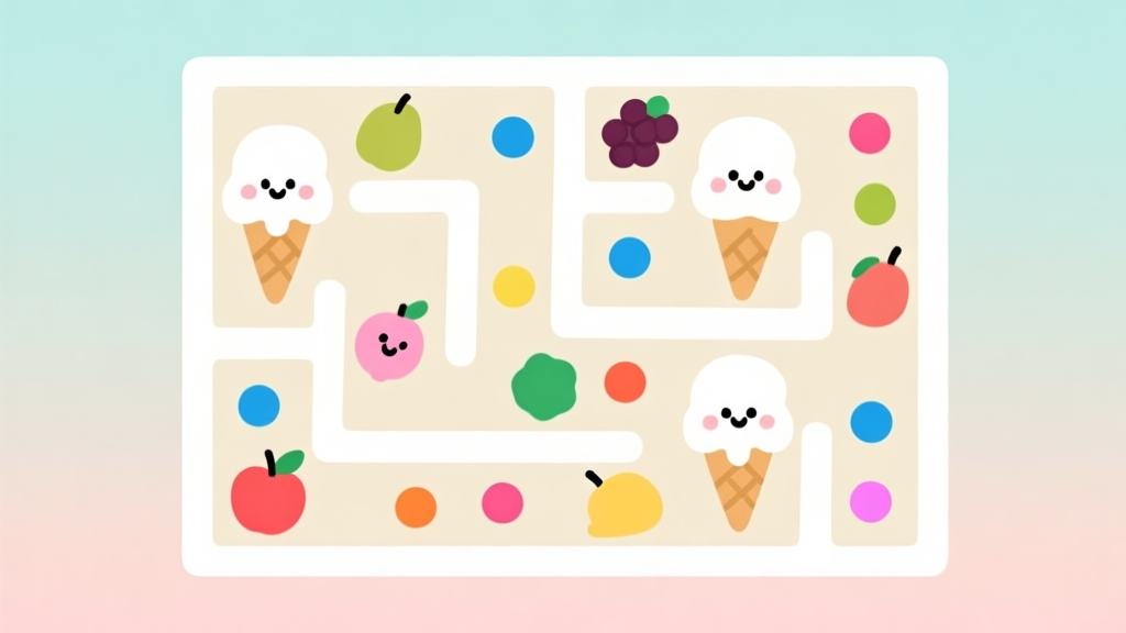 A playful, minimalist illustration of a simple maze with colorful dots (fruits) inside, and cute, simple ice cream character shapes, on a soft pastel background, evoking a sense of classic browser game nostalgia high quality illustration, detailed, 16:9