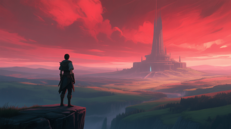 自动生成图片: A lone character standing at the edge of a vast, beautifully rendered landscape under a dramatic red sky, looking towards a distant mysterious structure, video game concept art style, soft lighting, high detail high quality illustration, detailed, 16:9