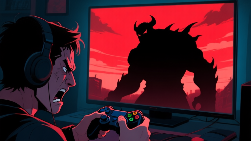 Frustrated gamer facing a dark, imposing boss silhouette on a screen, red sky background, controller in hand, mood of challenge and determination, digital art style high quality illustration, detailed, 16:9