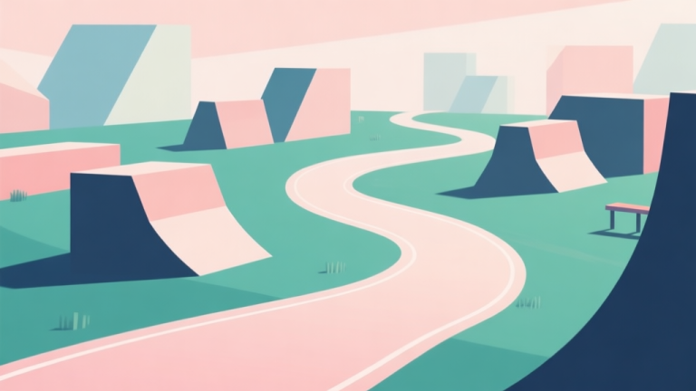 自动生成图片: Abstract geometric composition with overlapping shapes representing obstacles and a smooth flowing line representing a parkour path, soft pastel colors, modern minimal style, professional gaming concept illustration high quality illustration, detailed, 16:9