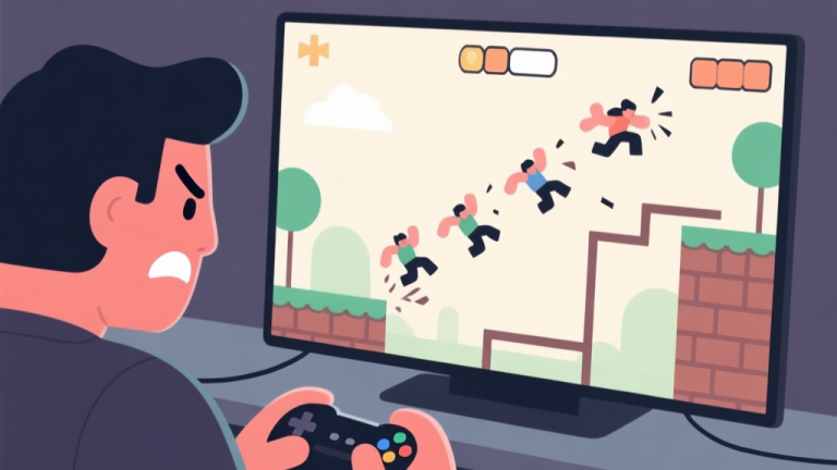 自动生成图片: A frustrated gamer looking at a screen showing a character repeatedly falling at the same obstacle in a stylized parkour game, minimalist illustration with a focus on the repeating loop of failure, soft muted colors high quality illustration, detailed, 16:9