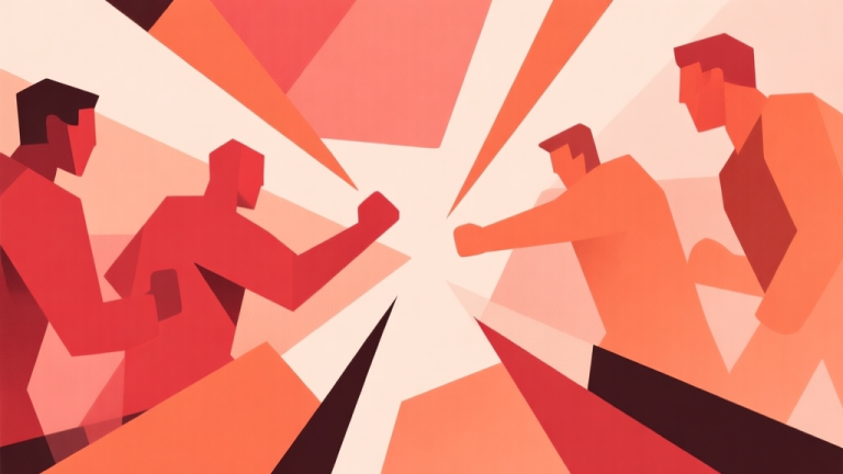 自动生成图片: Abstract geometric composition with overlapping shapes representing a failed team clash, soft red and orange color scheme, modern minimal style, professional gaming strategy concept illustration high quality illustration, detailed, 16:9