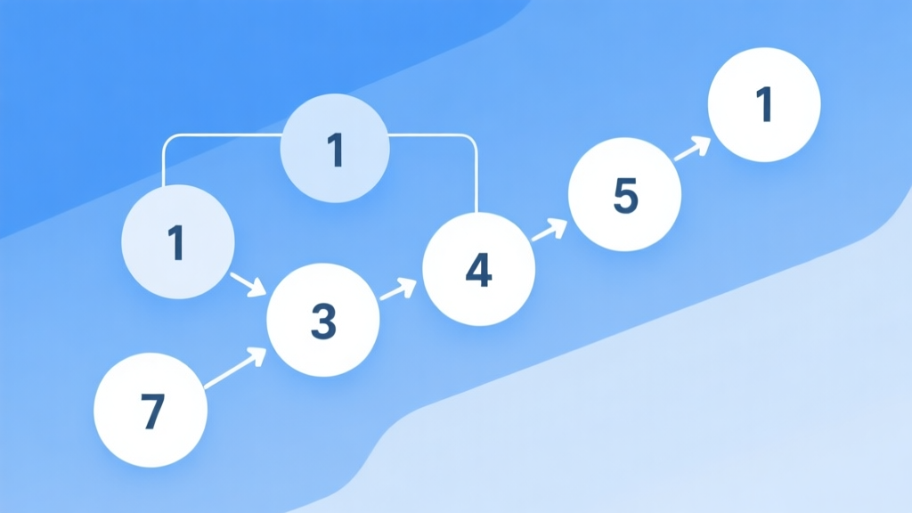 Simple flowchart illustration with connected circles and arrows numbered 1 to 7, light blue and white color scheme, clean minimal design, business presentation style, representing a strategic roadmap high quality illustration, detailed, 16:9