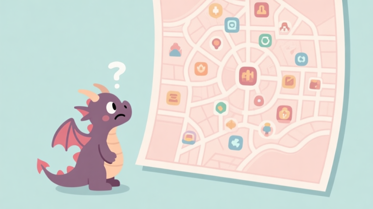 自动生成图片: A minimalist illustration of a small, confused dragon looking at a large, complex map with many icons, soft pastel colors, clean lines, concept of being overwhelmed in a new game world high quality illustration, detailed, 16:9