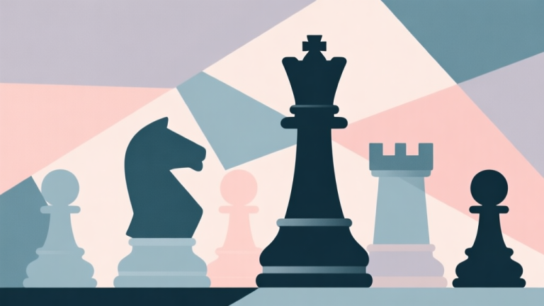 自动生成图片: Abstract geometric composition with overlapping shapes representing chess pieces, soft pastel colors, modern minimal style, professional strategic thinking concept illustration high quality illustration, detailed, 16:9