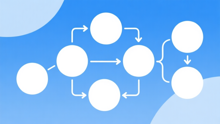 自动生成图片: Simple flowchart illustration with connected circles and arrows, light blue and white color scheme, clean minimal design, business presentation style high quality illustration, detailed, 16:9
