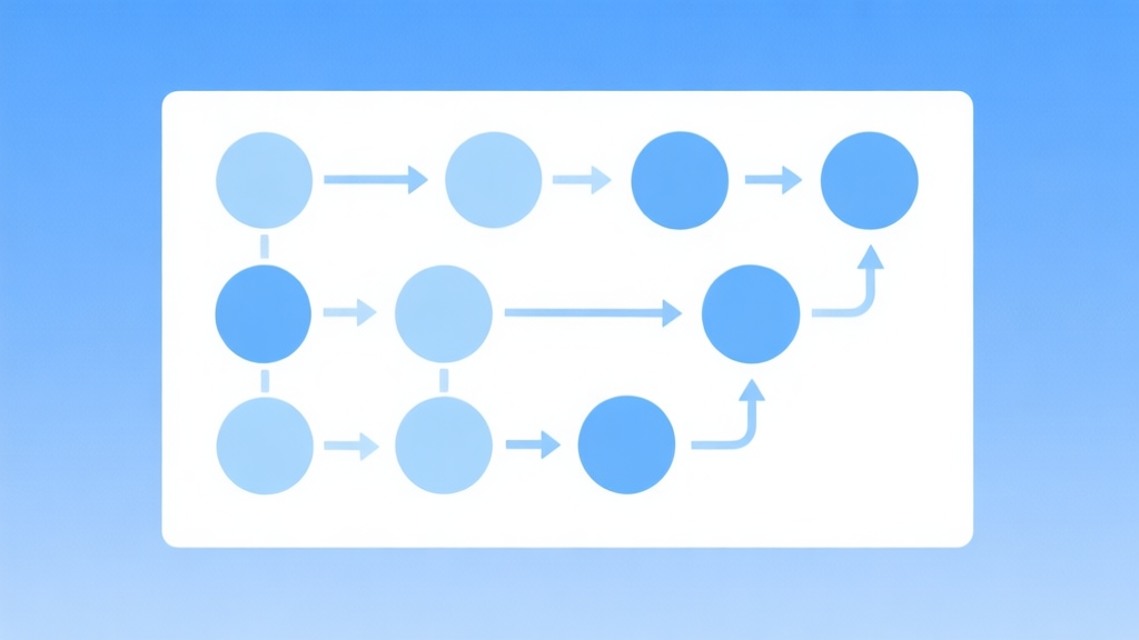 Simple flowchart illustration with connected circles and arrows, light blue and white color scheme, clean minimal design, business presentation style high quality illustration, detailed, 16:9