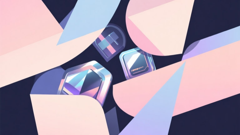 自动生成图片: Abstract geometric composition with overlapping shiny collectible items hidden among larger shapes, soft pastel colors, modern minimal style, professional gaming concept illustration high quality illustration, detailed, 16:9