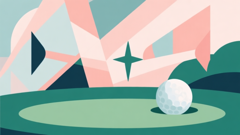 自动生成图片: Abstract geometric composition with overlapping shapes representing golf and battle elements, soft pastel colors, modern minimal style, professional game concept illustration high quality illustration, detailed, 16:9