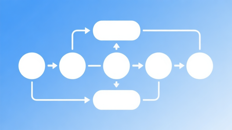 自动生成图片: Simple flowchart illustration with connected circles and arrows, light blue and white color scheme, clean minimal design, business presentation style high quality illustration, detailed, 16:9