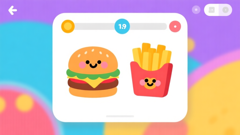 自动生成图片: A vibrant, playful mobile game interface showing cute food characters like a smiling burger and fry on a clean, colorful background, minimalist flat design, with subtle UI elements high quality illustration, detailed, 16:9