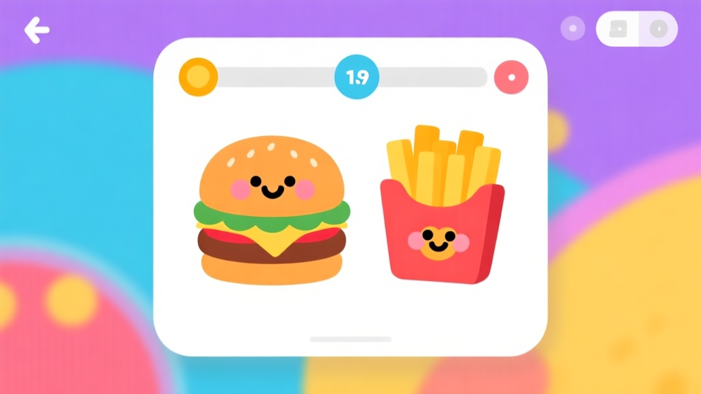 A vibrant, playful mobile game interface showing cute food characters like a smiling burger and fry on a clean, colorful background, minimalist flat design, with subtle UI elements high quality illustration, detailed, 16:9