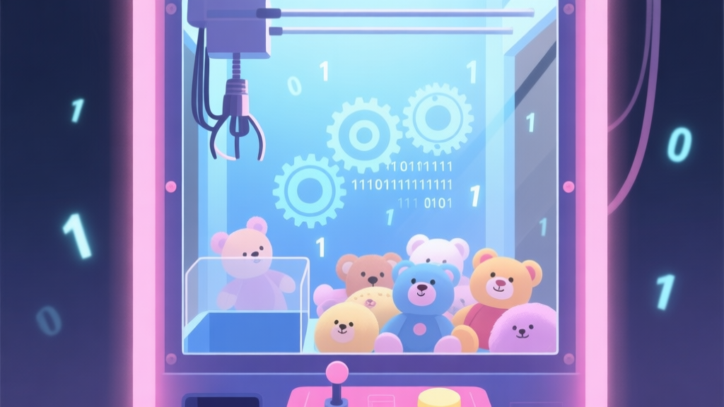 A stylized, slightly transparent view inside a claw machine cabinet, showing plush toys, with digital gears and binary code (1s and 0s) floating in the background, representing the hidden algorithmic system. Soft blue and pink lighting, clean illustration style. high quality illustration, detailed, 16:9