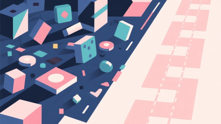 自动生成图片: Abstract geometric composition showing a chaotic game scene with mismatched elements on one side and a streamlined, strategic path on the other, soft pastel colors, modern minimal style, professional gaming concept illustration high quality illustration, detailed, 16:9