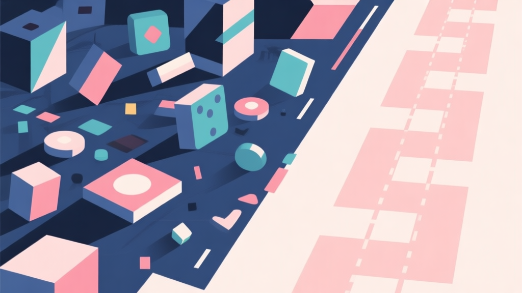 Abstract geometric composition showing a chaotic game scene with mismatched elements on one side and a streamlined, strategic path on the other, soft pastel colors, modern minimal style, professional gaming concept illustration high quality illustration, detailed, 16:9