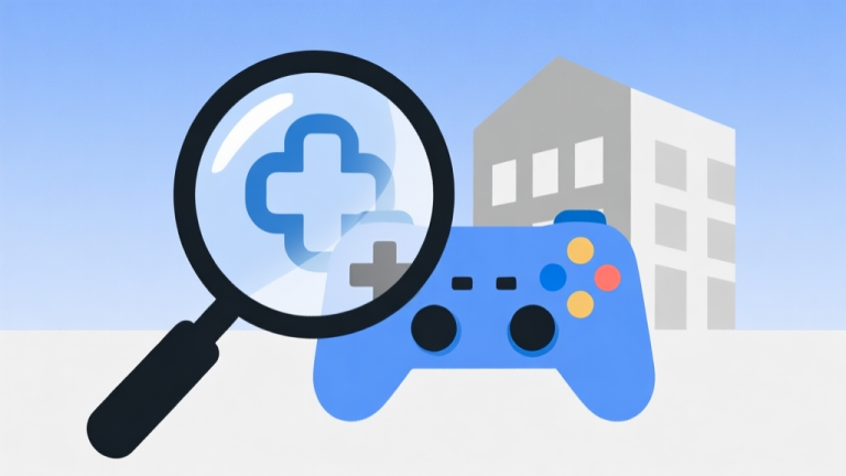 自动生成图片: A minimalist illustration of a magnifying glass over a stylized game controller and a building icon, representing investigation into game developers, soft blue and grey color scheme, clean lines, abstract concept high quality illustration, detailed, 16:9