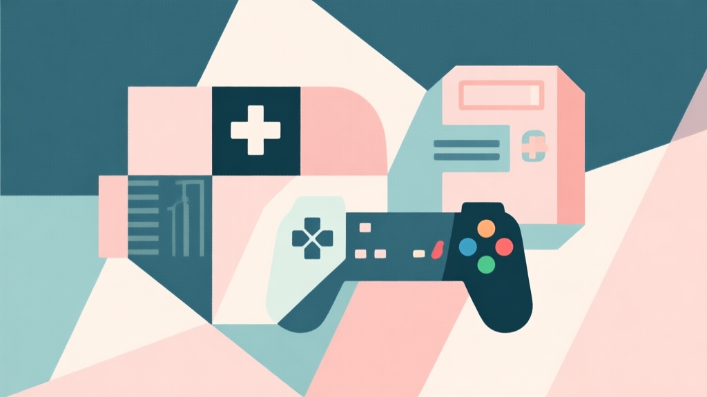 Abstract geometric composition with overlapping shapes representing old and new game elements, soft pastel colors, modern minimal style, professional business concept illustration high quality illustration, detailed, 16:9