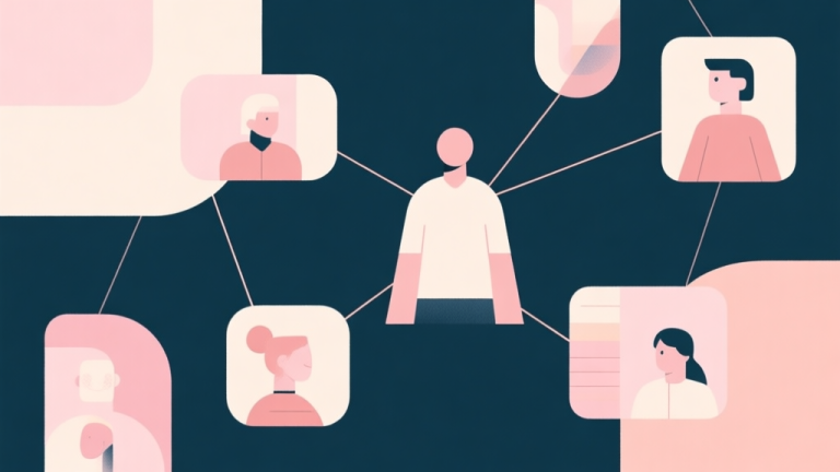 自动生成图片: Abstract geometric composition showing a central figure connected to multiple smaller figures and story elements, soft pastel colors, modern minimal style, professional concept illustration of character relationships in a narrative high quality illustration, detailed, 16:9