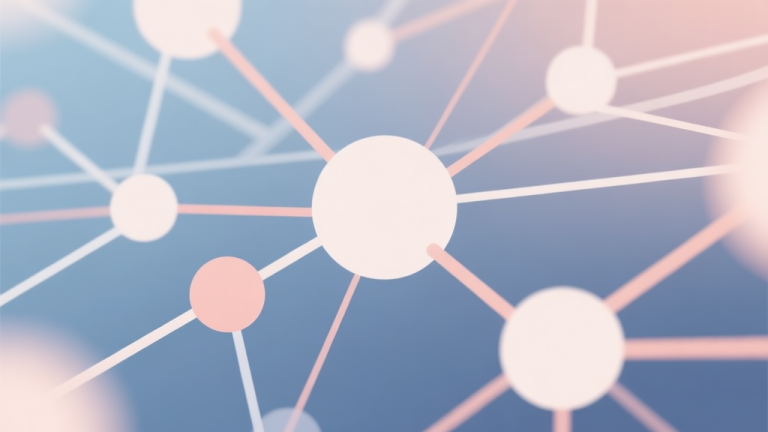 自动生成图片: Abstract network nodes connected by lines, soft color scheme, clean minimal illustration, modern digital concept of synergy and teamwork high quality illustration, detailed, 16:9