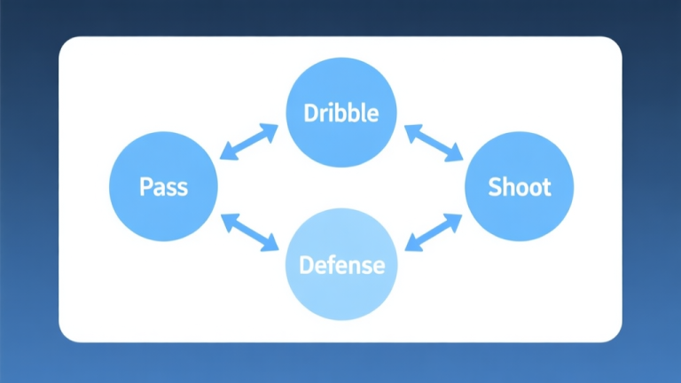 自动生成图片: Simple flowchart illustration with connected circles and arrows labeled "Dribble", "Pass", "Shoot", "Defense", light blue and white color scheme, clean minimal design, business presentation style high quality illustration, detailed, 16:9